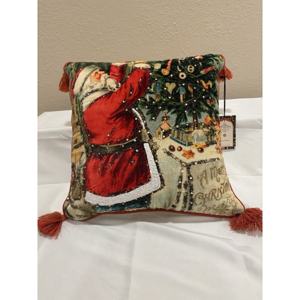 John Derian Santa Pillow Embroidered Holiday Christmas Tree